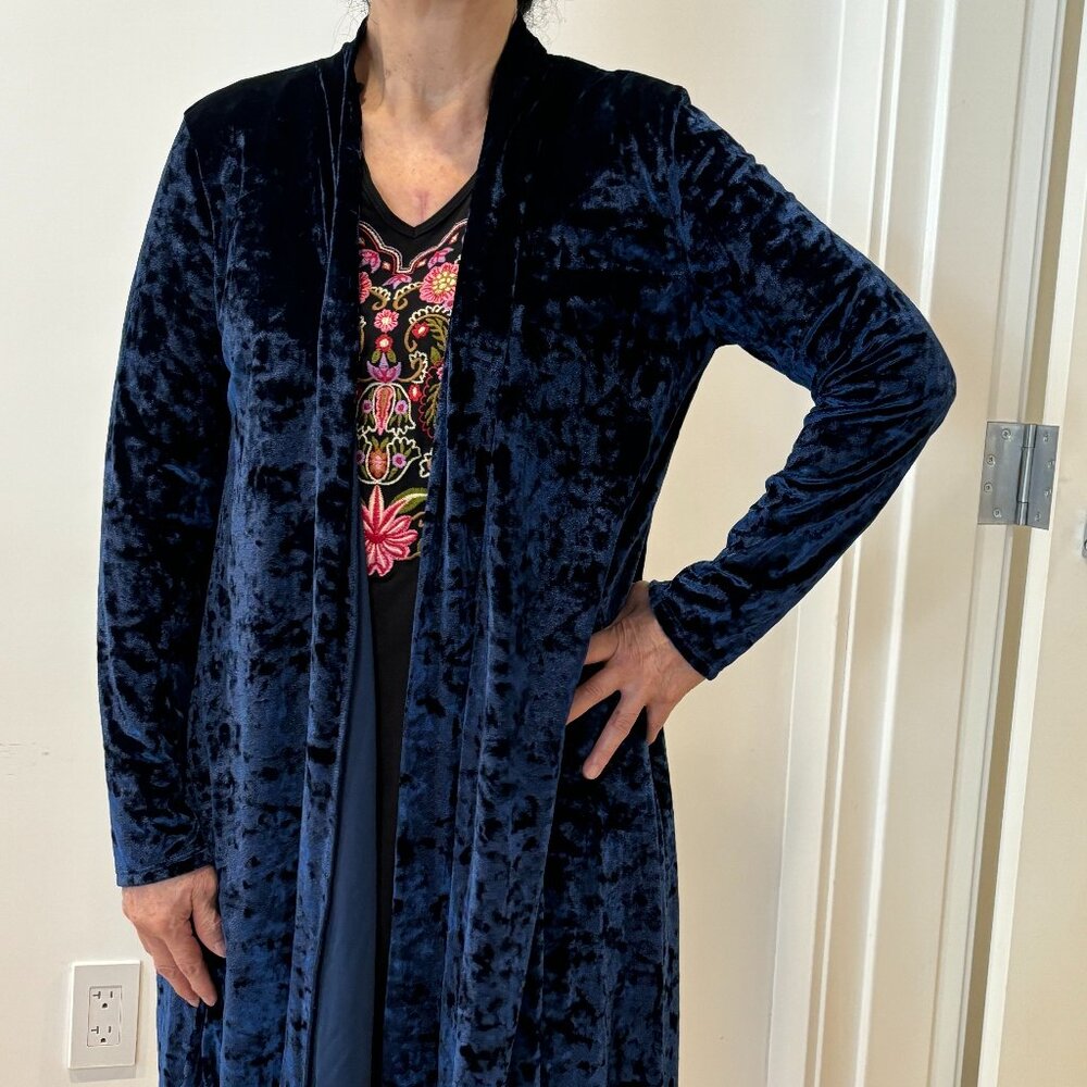 Long, dark blue velveteen coat jacket, soft rolled lapels & asymmetric hem, S